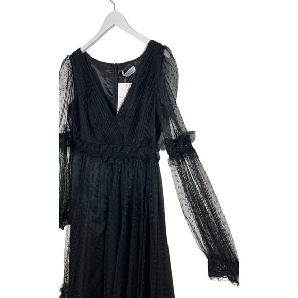 Mac Duggal 68567 Black Sheer Swiss Dot Long Sleeve V Neck Dress Size 12 NWT - Picture 6 of 9